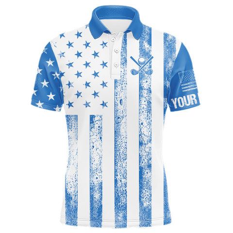 Maxcorners Personalized Blue & White American Flag Retro Men golf polo shirts Custom Patriotic golf top for men MT2407
