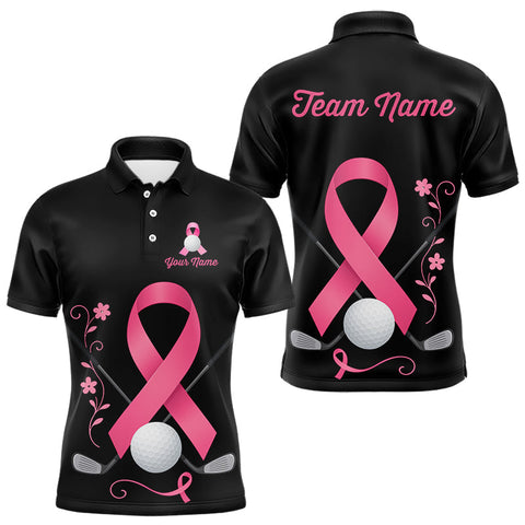 Maxcorners Pink ribbon golf ball clubs Black Mens polo golf shirts Custom Breast cancer team golf jerseys MT2108