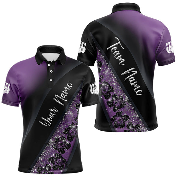 Maxcorners Black and Purple Glitter Flower Bowling Polo, Quarter Zip Shirt for Men Custom Bowling Team Jerseys