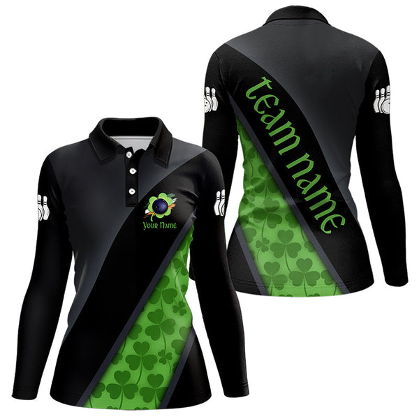 Maxcorners Black and Green Shamrock St Patrick Day Bowling Polo, 1/4 Zip Shirt for Men Custom Bowling Team Jersey