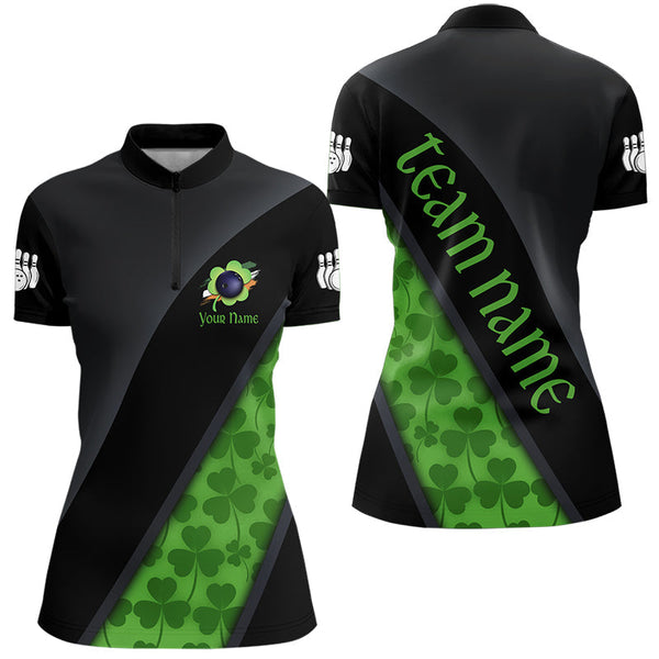 Maxcorners Black and Green Shamrock St Patrick Day Bowling Polo, 1/4 Zip Shirt for Men Custom Bowling Team Jersey