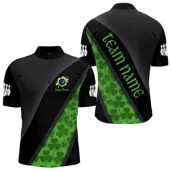 Maxcorners Black and Green Shamrock St Patrick Day Bowling Polo, 1/4 Zip Shirt for Men Custom Bowling Team Jersey