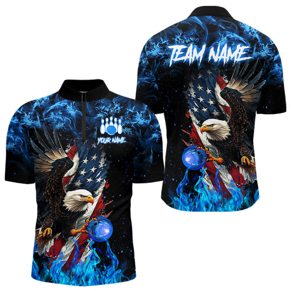 Maxcorners Blue Flame American Flag Eagle Bowling Shirts For Men & Women Custom Bowling Team Jersey, Gift For Bowler