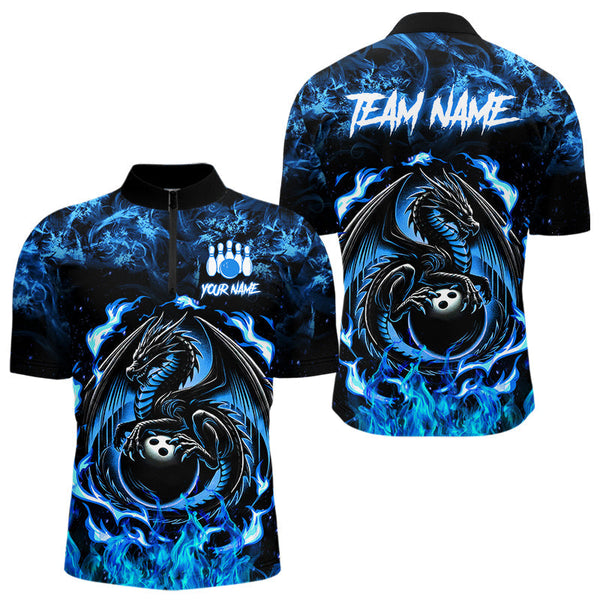 Maxcorners Black And Blue Flame Dragon Bowling Shirts For Men & Women Custom Bowling Team Jersey, Gift For Bowler