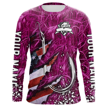 Maxcorners American flag fish hook pink camo fishing custom sun protection performance long sleeve fishing shirt LM0607