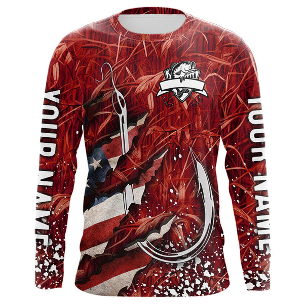 Maxcorners American flag fish hook red camo fishing custom sun protection performance long sleeve fishing shirt  LM0607
