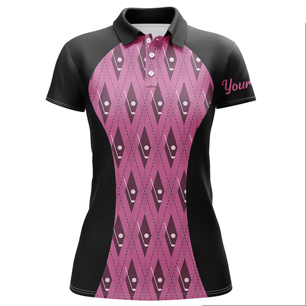 Maxcorners Women Golf Polo Shirt Custom Black And Pink Argyle Pattern Golf Clubs Ladies