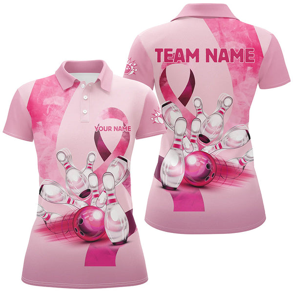 Maxcorners Bowling Ball And Pins Pink Ribbons PatternCustomized Name, Team Name 3D Shirt