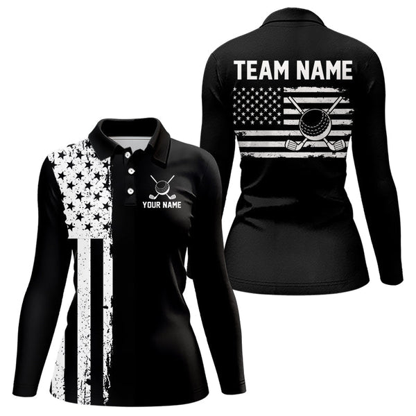 Maxcorners Black and White American Flag Mens golf polo shirts Custom name patriotic team golf uniformMT0306