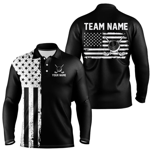 Maxcorners Black and White American Flag Mens golf polo shirts Custom name patriotic team golf uniformMT0306