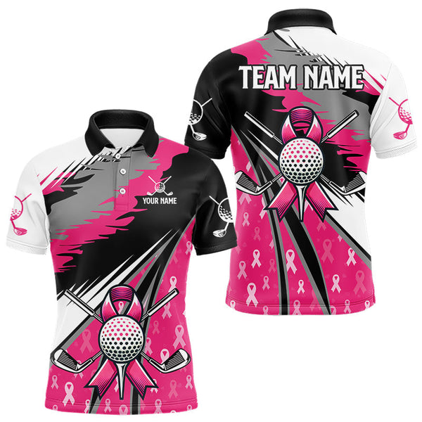 Maxcorners Mens golf polo shirt Custom pink ribbon pattern mens golf clothes, Breast cancer shirt for golfer MT2108