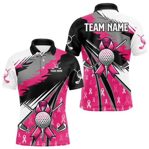 Maxcorners Mens golf polo shirt Custom pink ribbon pattern mens golf clothes, Breast cancer shirt for golfer MT2108