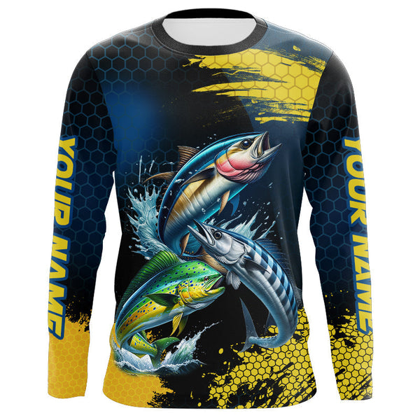 Maxcorners Blue And Yellow Camo Mahi Mahi ( Dorado), Wahoo, Tuna Fishing Custom Saltwater Fishing Jerseys