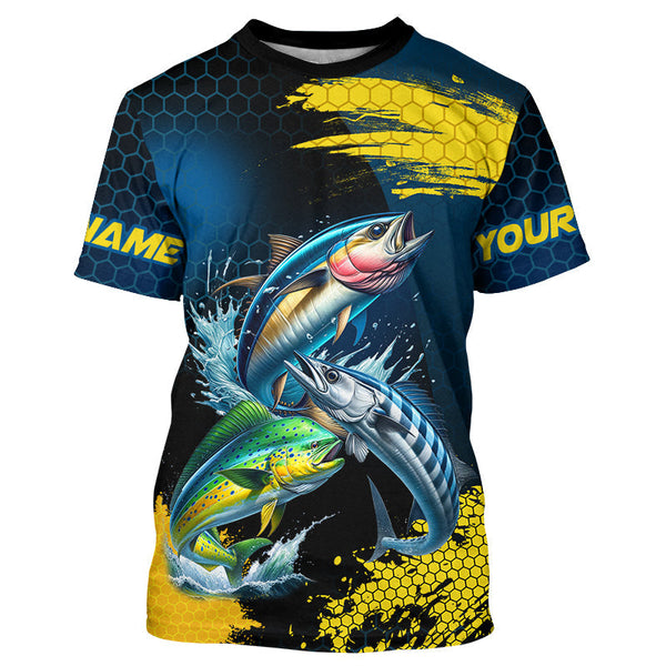 Maxcorners Blue and Yellow Camo Mahi Mahi ( Dorado), Wahoo, Tuna fishing custom saltwater fishing jerseys MT2108