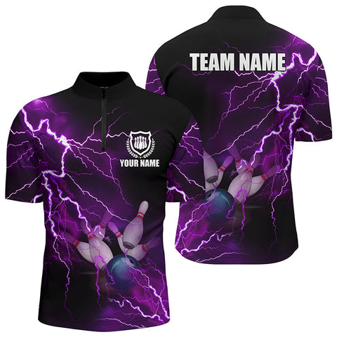 MaxCorners Bowling And Pins Purple Lightning Thunder Customized Name, Team Name 3D Stand Collar Zipper Polo Shirt For Men