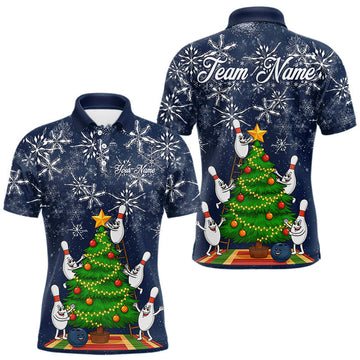 Maxcorners Funny Christmas Tree snowflake Bowling shirts for men Custom Xmas Bowling Outfits Men | Navy LM2603