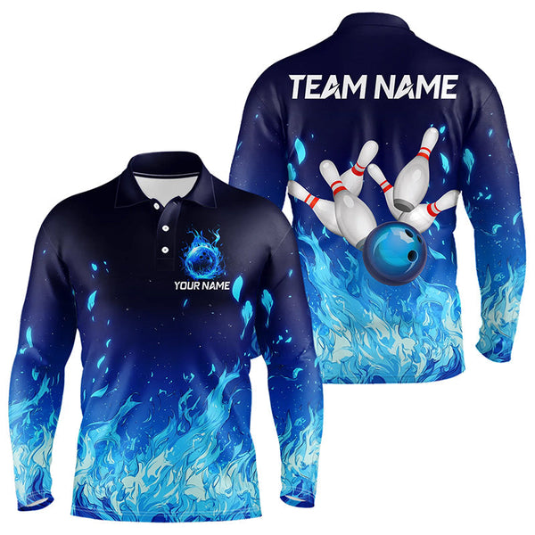 Maxcorners Blue Flame Fire Bowling Polo, Quarter Zip Shirts for Men Custom Bowling Team jerseys, Bowling Outfits