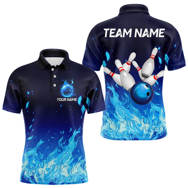 Maxcorners Blue Flame Fire Bowling Polo, Quarter Zip Shirts for Men Custom Bowling Team jerseys, Bowling Outfits