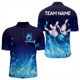 Maxcorners Blue Flame Fire Bowling Polo, Quarter Zip Shirts for Men Custom Bowling Team jerseys, Bowling Outfits