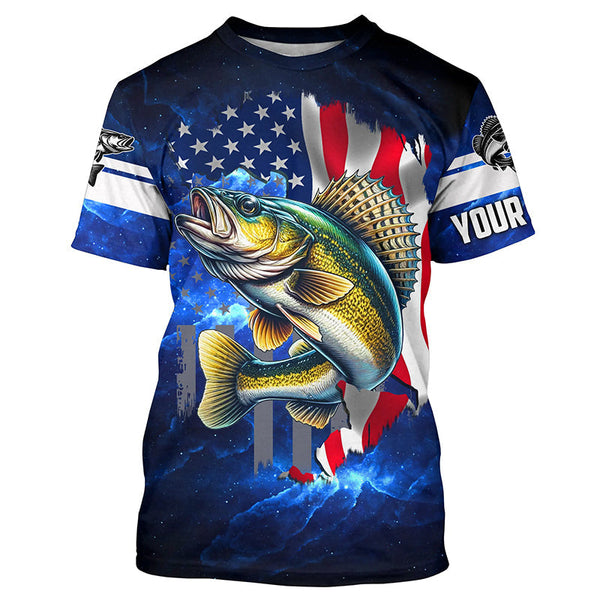Maxcorners Walleye Fishing 3D American Flag patriotic blue galaxy Custom Walleye long sleeve Fishing Shirts MT2108