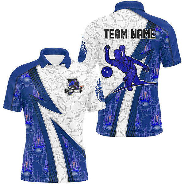 Maxcorners Bowling Ball And Pins Blue Flame Camo Customized Name, Team Name 3D Polo Shirt Unisex