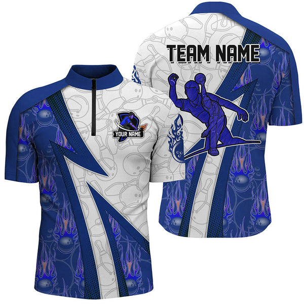 Maxcorners Bowling Ball And Pins Blue Flame Camo Customized Name, Team Name 3D Polo Shirt Unisex