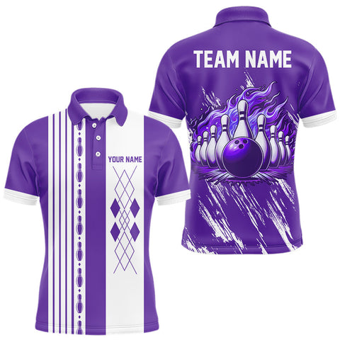 Maxcorners Retro Purple argyle Flame Bowling shirts For Men custom bowling team jerseys Mens Bowler Outfits MT2407