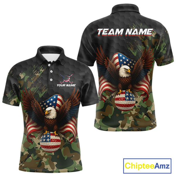Maxcorners Black and Green Camo American Flag Eagle Golf Polo Shirts For Men Custom Patriotic Team Golf Jersey MT2510