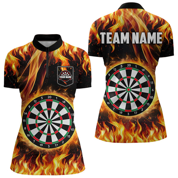 Maxcorners Flame Darboard Fire Pattern Custom Darts Polo, Quarter-Zip Shirts For Men Dart Team Jerseys