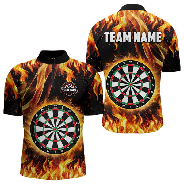 Maxcorners Flame Darboard Fire Pattern Custom Darts Polo, Quarter-Zip Shirts For Men Dart Team Jerseys