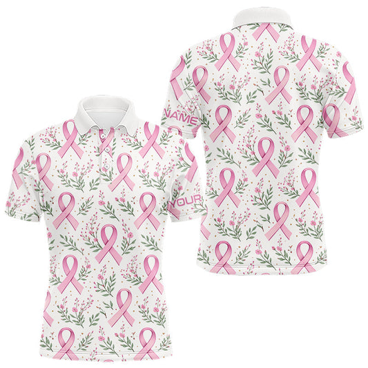 Maxcorners Pink ribbons floral pattern Breast Cancer golf polo shirts for men Custom team golf attire for men