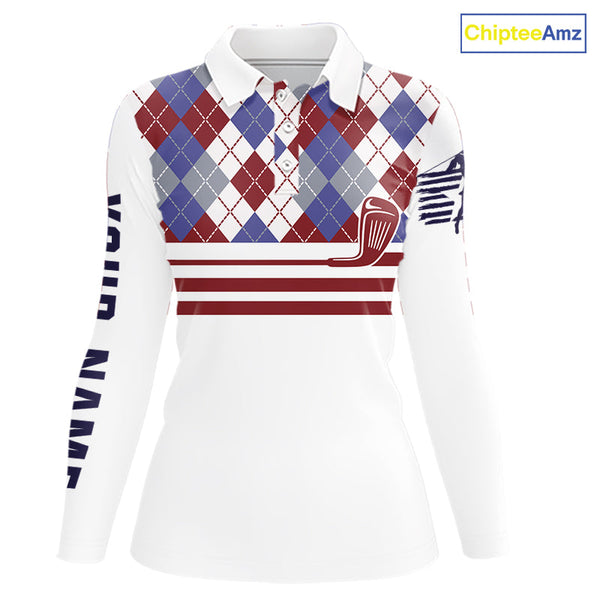 Maxcorners Red, White and Blue argyle pattern golf clubs Mens Golf polo shirts Custom golf attire for menMT0306