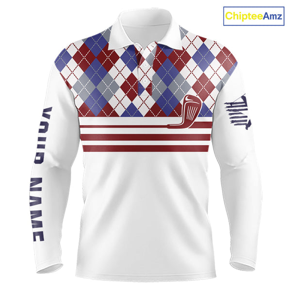 Maxcorners Red, White and Blue argyle pattern golf clubs Mens Golf polo shirts Custom golf attire for menMT0306