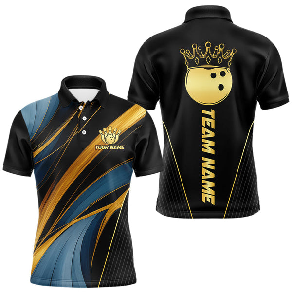 Maxcorners Blue and Gold Bowling ball Polo, Quarter Zip Shirts for Men Custom Bowling Outfit Team bowlers jersey