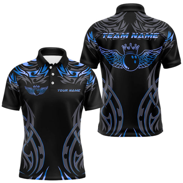 Maxcorners Personalized Black And Blue tribal pattern Bowling Shirts For Men, angel wings Bowling Team jerseys MT2709