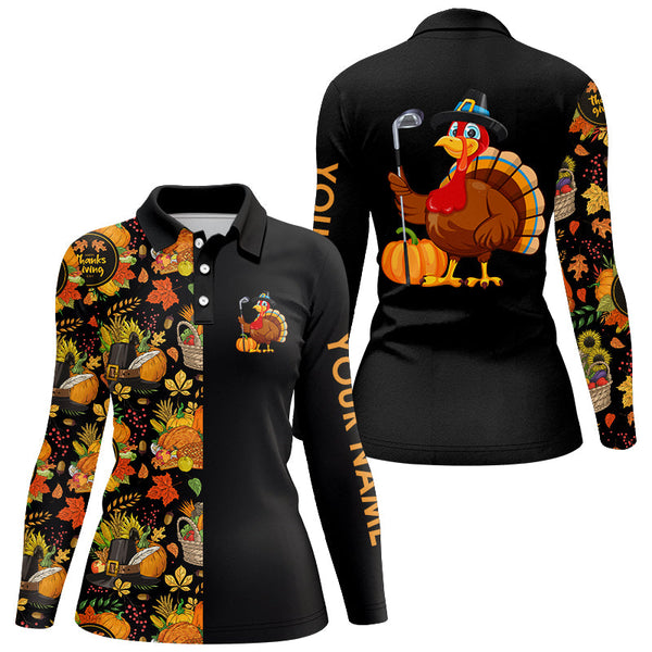 Maxcorners Thanksgiving pattern Black Women golf polo shirt Custom Turkey Bird golf tops for women Golf Gift