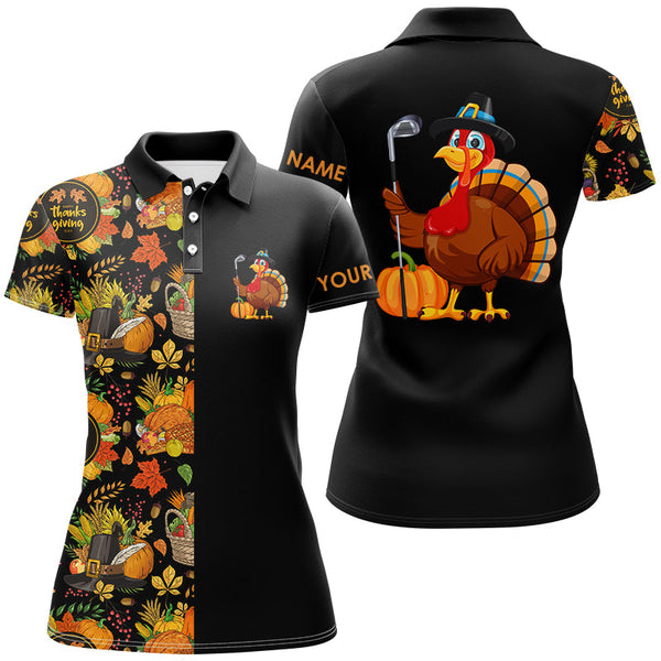 Maxcorners Thanksgiving pattern Black Women golf polo shirt Custom Turkey Bird golf tops for women Golf Gift