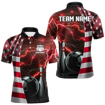Maxcorners Red Lightning Thunder American Flag Bowling Shirts For Men Custom patriotic team bowling jerseys MT2510