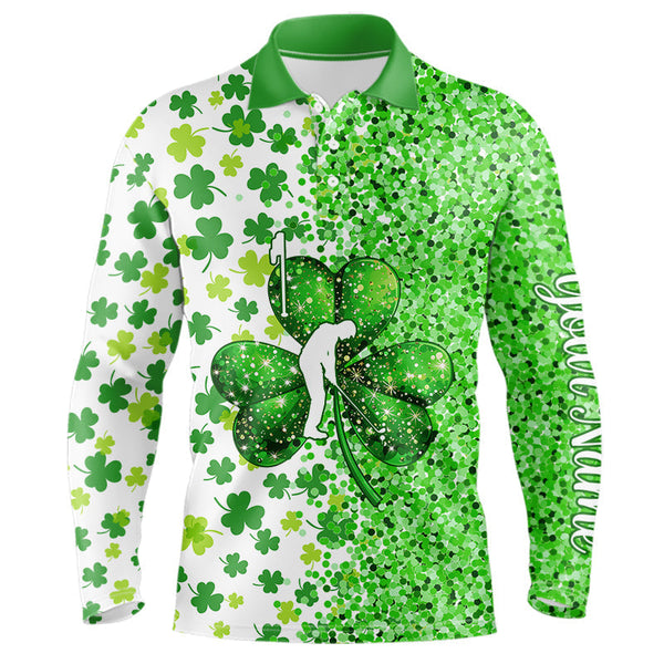 Maxcorners Green Glitter Shamrock Clover Mens Golf Polo Shirts Custom St Patrick Day Golf Shirt For Mens