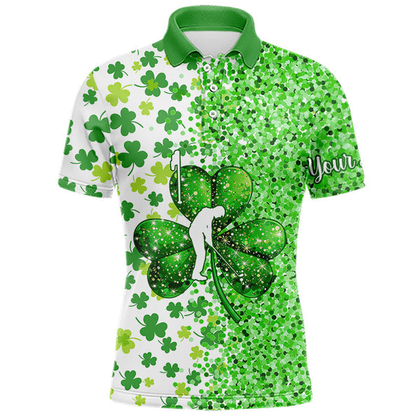 Maxcorners Green Glitter Shamrock Clover Mens Golf Polo Shirts Custom St Patrick Day Golf Shirt For Mens