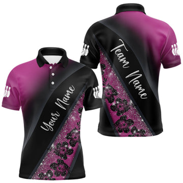 Maxcorners Black and Pink Glitter Flower Bowling Polo, Quarter Zip Shirt for Men Custom Bowling Team Jerseys LM2602