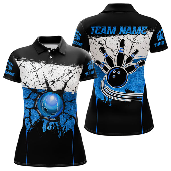 Maxcorners Black, White and Blue Retro broken Bowling ball Polo, 1/4 Zip Shirt For Men Custom Bowling Team Shirts LM263