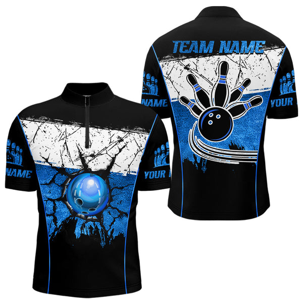 Maxcorners Black, White and Blue Retro broken Bowling ball Polo, 1/4 Zip Shirt For Men Custom Bowling Team Shirts LM263
