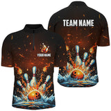 MaxCorners Bowling And Pins Fire And Water Premium Customized Name, Team Name 3D Stand Collar Zipper Polo Shirt For Men