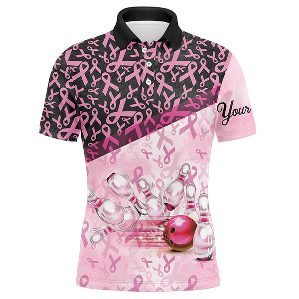 Maxcorners Bowling Ball And Pins Pink And Black Ribbon Pattern Customized Name, Team Name 3D Polo Shirt Unisex