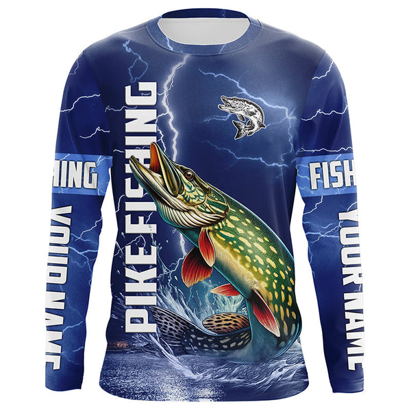 Maxcorners Northern Pike Fishing blue lightning jerseys custom performance Long Sleeve tournament fishing shirts MT2108