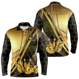 Maxcorners Custom Black and Gold Bowling Polo, Quarter Zip Shirts For Men, Bowling Team League Jersey LM2707