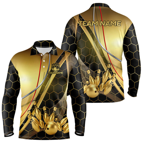 Maxcorners Custom Black and Gold Bowling Polo, Quarter Zip Shirts For Men, Bowling Team League Jersey LM2707