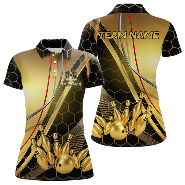 Maxcorners Custom Black and Gold Bowling Polo, Quarter Zip Shirts For Men, Bowling Team League Jersey LM2707
