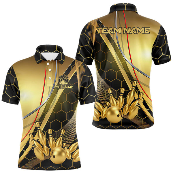 Maxcorners Custom Black and Gold Bowling Polo, Quarter Zip Shirts For Men, Bowling Team League Jersey LM2707